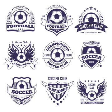 Soccer club or football league vector ball, star wings ribbon vector icons