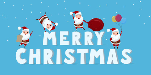 Set of cute santa claus character with big word MERRY CHRISTMAS.