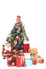 Christmas concept : Decorated Christmas tree and gifts isolated on white background