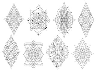 Geometric shapes triangles rhombs circles dots. Abstract vector symbols. Esoteric. Alchemy. Tattoo and bodyart.