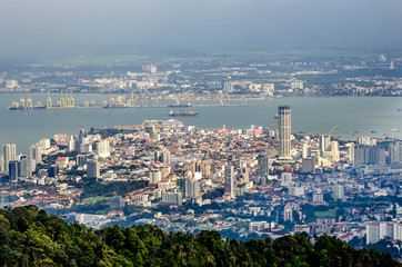 Top view of Georgetown, view from Penang hill, capital of Penang Island, MALAYSIA.