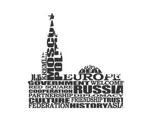 Spasskaya Tower of Kremlin and part of the wall in Moscow designed fron relative words cloud.