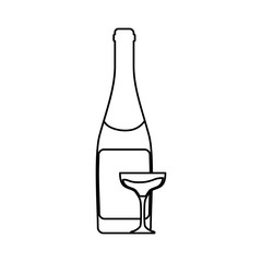 flat line  uncolored  bottle with  glass of champagne over white background  vector illustration