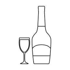 flat line  uncolored  bottle of champagne  with glass over white background  vector illustration