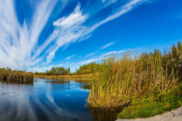 Clouds are reflected in river