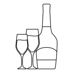flat line  uncolored  bottle of champagne  with glasses over white background  vector illustration