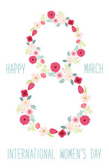 Cute hand drawn International Women's Day sale banner as rustic wreath with different first spring flowers
