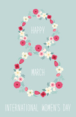 Cute hand drawn International Women's Day sale banner as rustic wreath with different first spring flowers