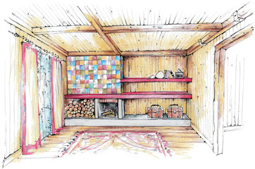 Colorful pencil sketch of a country house. Interior