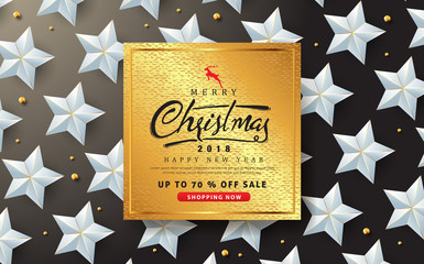 Merry christmas sale banner with silver star background.Vector illustration template.greeting cards.
