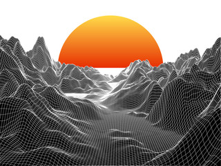 Abstract landscape with sphere sun on white. Technology vector background.