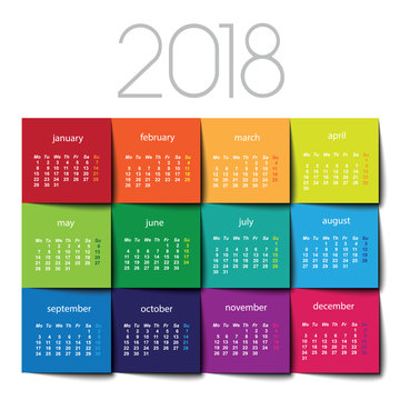 2018 calendar. Color post it