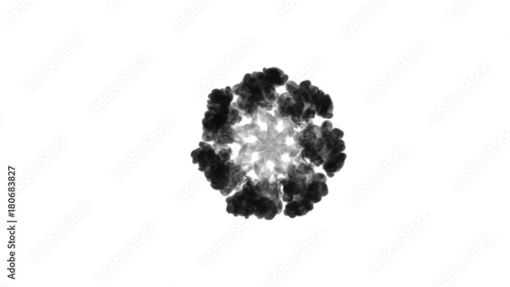 Poster a lot of flows forming ring, ink inject is isolated on white in slow motion. color spread in water. 