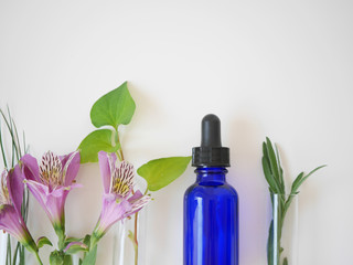 natural skincare bottle container and  organic green leaf , flow