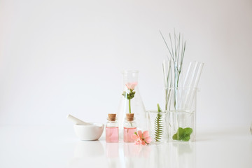  laboratory experiment and research with leaf, oil and ingredien