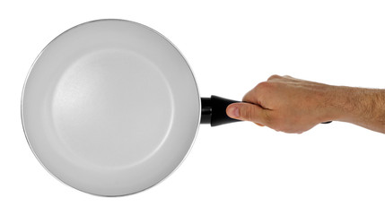 Kitchen frying pan with healthy, non-stick, ceramic, holding it in hand.