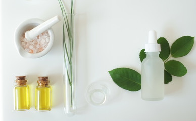 The bio laboratory glassware and blank cosmetic bottle container