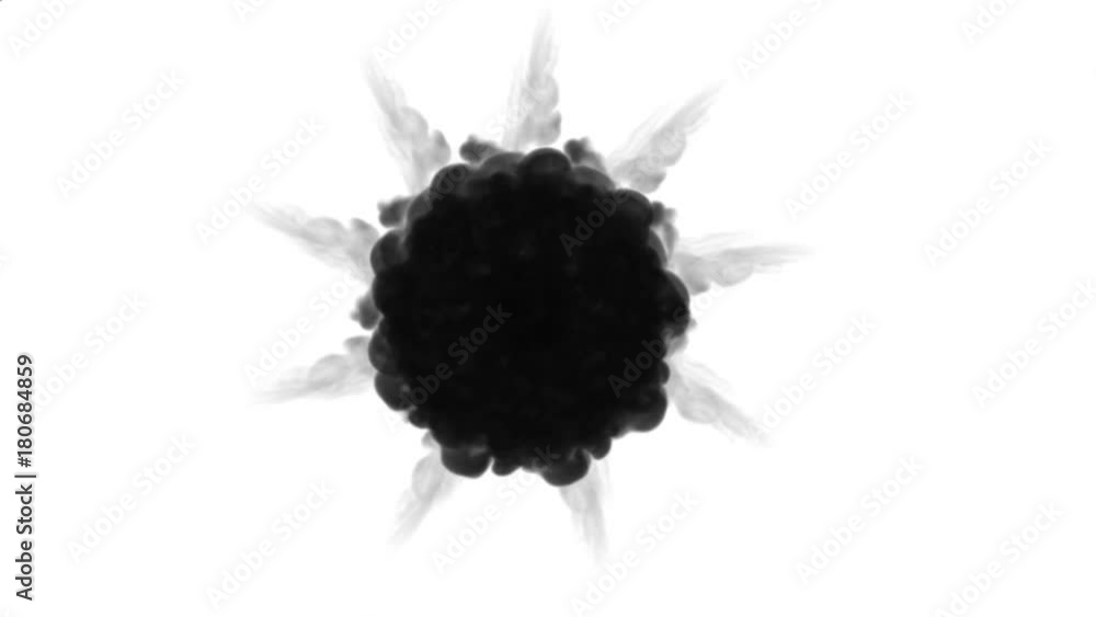 Poster a lot of flows forming ring, ink inject is isolated on white in slow motion. black pigment spread in
