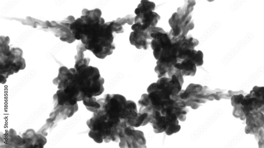 Poster a lot of flows forming ring, ink inject is isolated on white in slow motion. black color spread in w