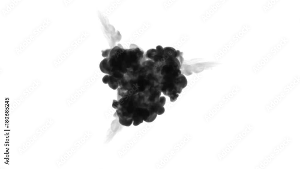 Poster a lot of flows forming ring, ink inject is isolated on white in slow motion. black dye spread in wat