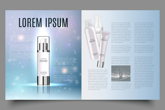 light blue cosmetic brochure design with helical structure and water drops, can also be used on catalogs or magazines, 3d illustration