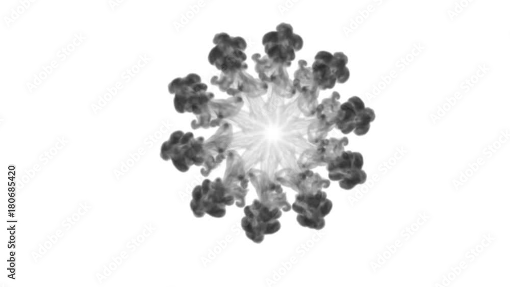 Poster a lot of flows forming ring, ink inject is isolated on white in slow motion. black tint clouds in wa