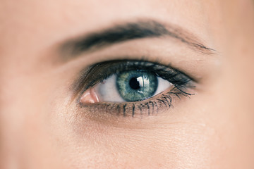 Human green eye with reflection. Macro shot.