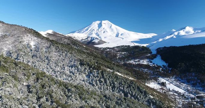 Drone Birds Eye View of Lonquimay Volcano and Corralco Ski Resort in Chile Andes Mountains South America