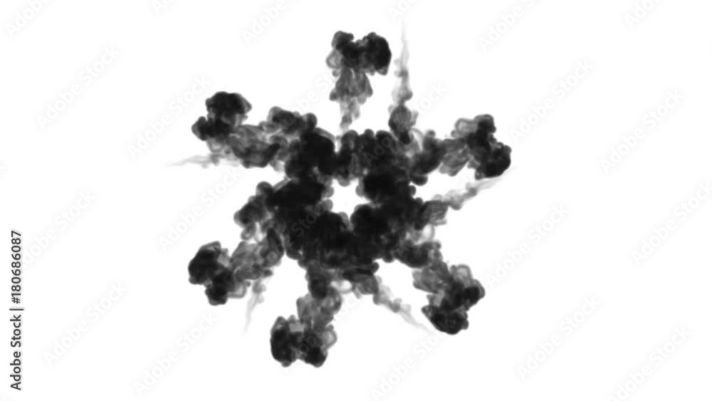 Poster a lot of flows forming ring, ink inject is isolated on white in slow motion. black paint clouds in w