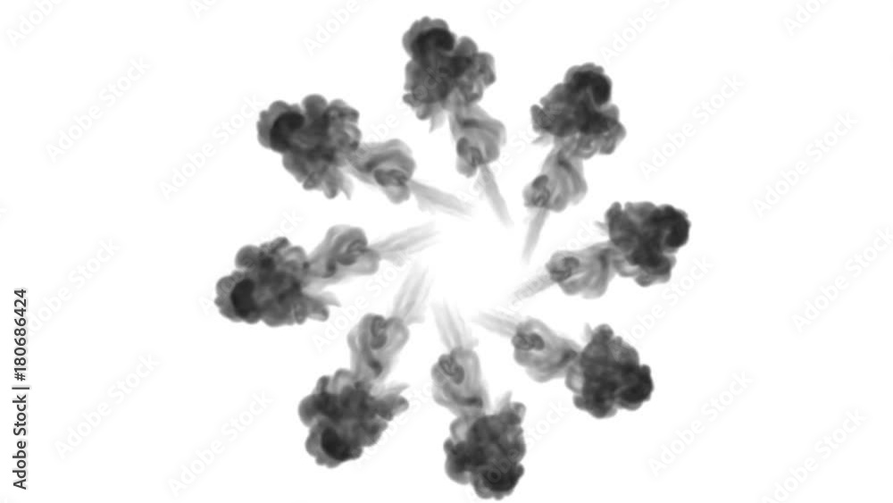 Poster a lot of flows forming ring, ink inject is isolated on white in slow motion. black writing ink cloud