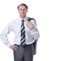 in all growth.Serious man in suit holding jacket