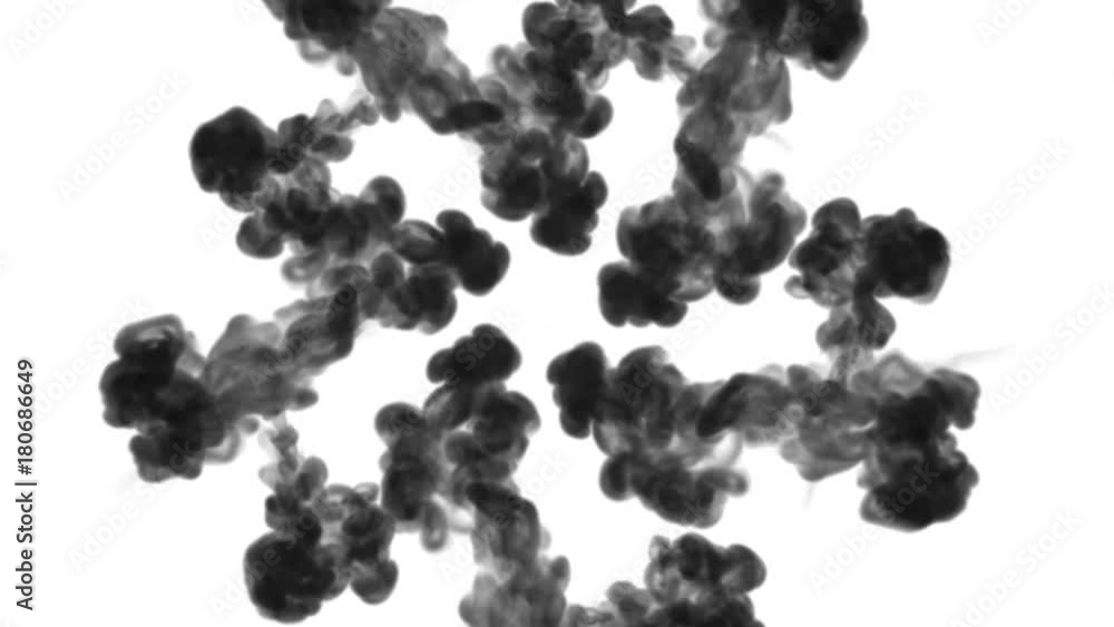 Poster a lot of flows forming ring, ink inject is isolated on white in slow motion. black pigment clouds in
