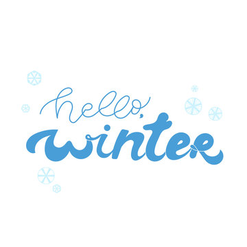 Hello winter blue hand lettering on white background vector illustration. New season concept