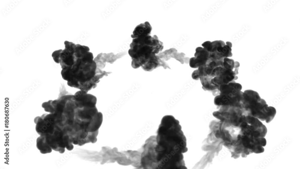 Poster a lot of flows forming ring, ink inject is isolated on white in slow motion. black tint dissolve in 