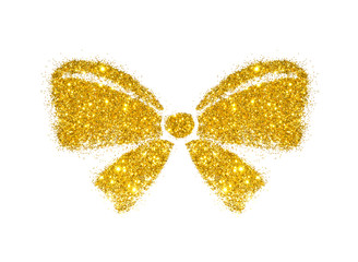 Ribbon bow of golden glitter on white background