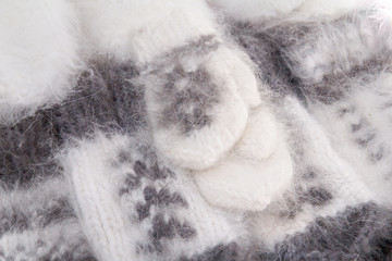 Mittens were knitted from goat down, white with ornament. Clothes natural warm for winter handmade