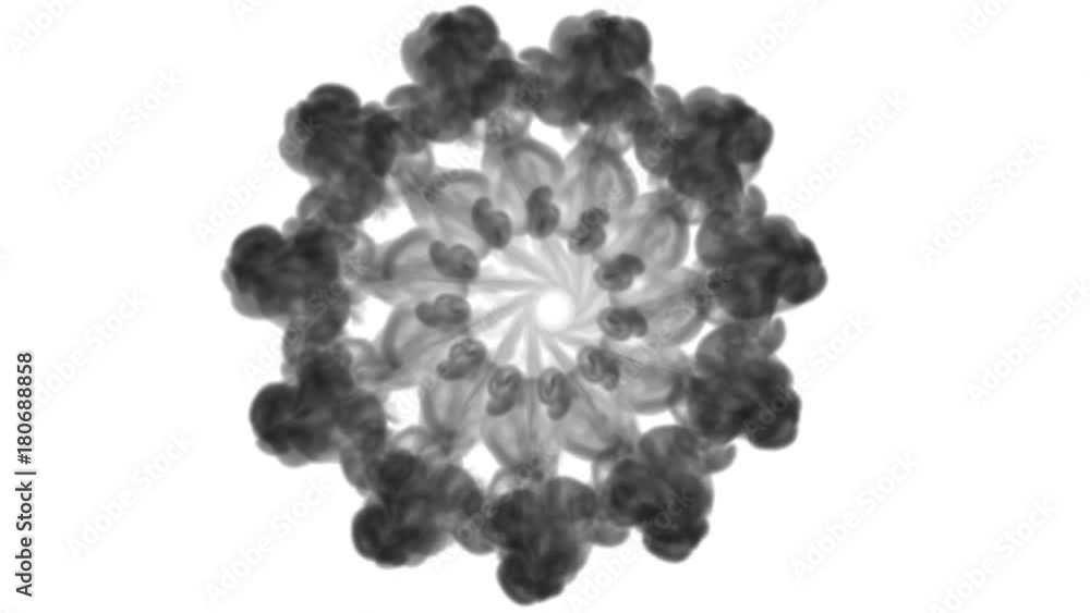 Poster a lot of flows forming ring, ink inject is isolated on white in slow motion. black colour dissolves 
