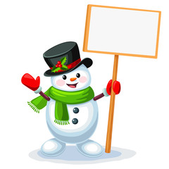 Cute snowman holding a blank sign board with space for message isolated on white background