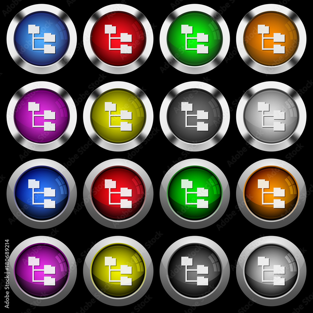 Poster folder structure white icons in round glossy buttons on black background