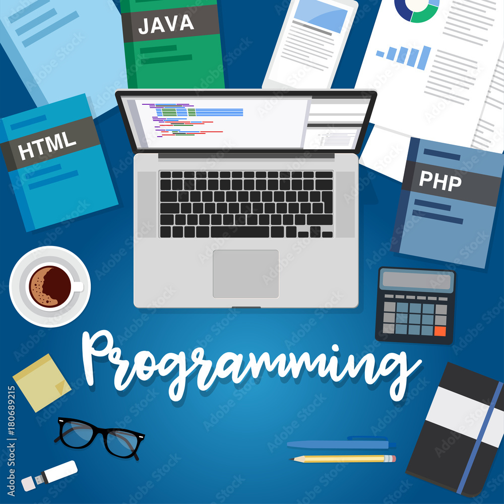 Aufkleber programming flat style vector illustration with computer, coding books, calculator, coffee cup, note