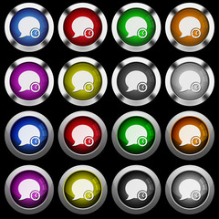 Blog comment time white icons in round glossy buttons on black background