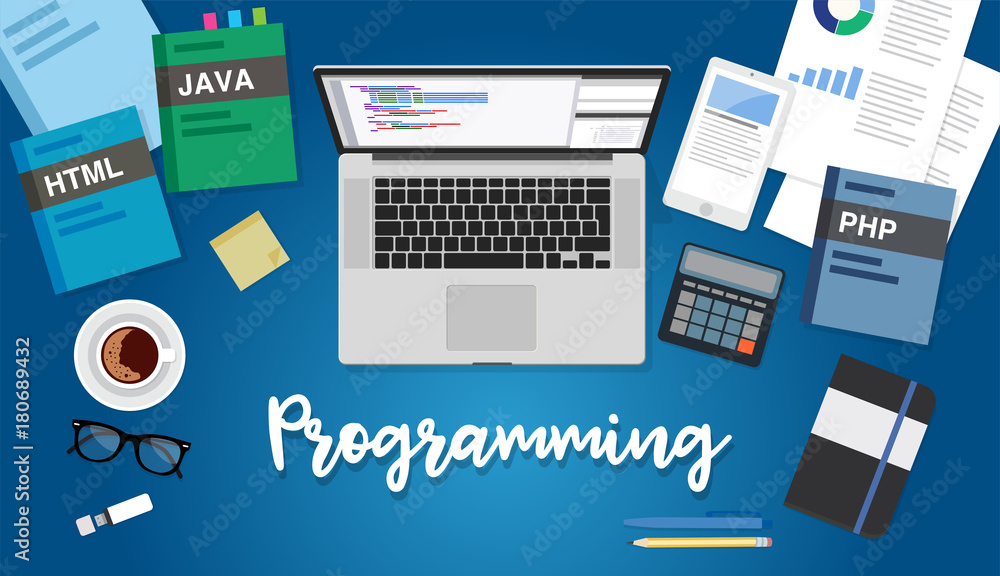Aufkleber programming flat style vector illustration with computer, coding books, calculator, coffee cup, note
