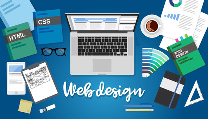 Web design vector illustration in flat style with computer, web design books, notepad, color palette, coffee cup, sketches, pens and pencils