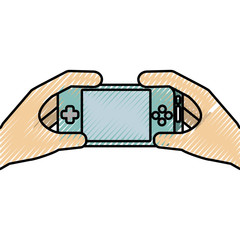 hands holding mobile game console gadget vector illustration