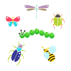 Cartoon insects colorful vector set on white. Bee, beetles, butterfly and caterpillar.