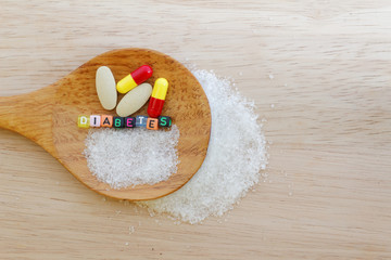 Medicine and the word Diabetes and sugar in spatula on wooden background