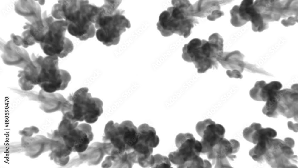 Poster a lot of flows forming ring, ink inject is isolated on white in slow motion. black pigment splatters