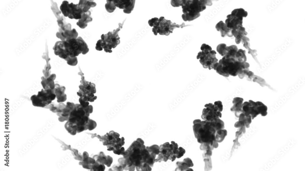 Poster a lot of flows forming ring, ink inject is isolated on white in slow motion. black color splatters i