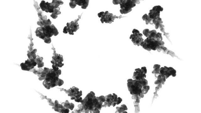 A lot of flows forming ring, ink inject is isolated on white in slow motion. Black Color splatters in water. Inky background or backdrop with smoke, for ink effects use luma matte like alpha mask.