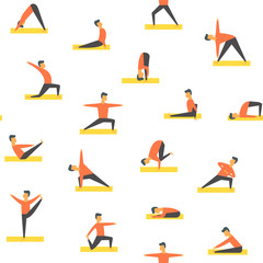 Seamless yoga poses asamas pattern. Vector people fitness